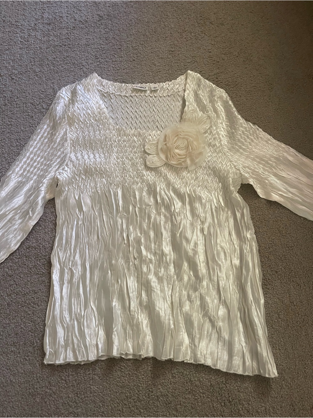 Cream Textured Long Sleeve Top with Floral Accent